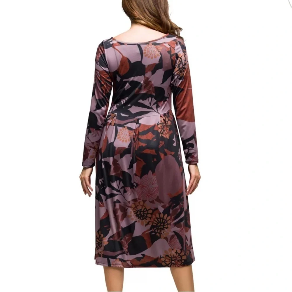24Seven Comfort Apparel Print Long Sleeve Midi Dress